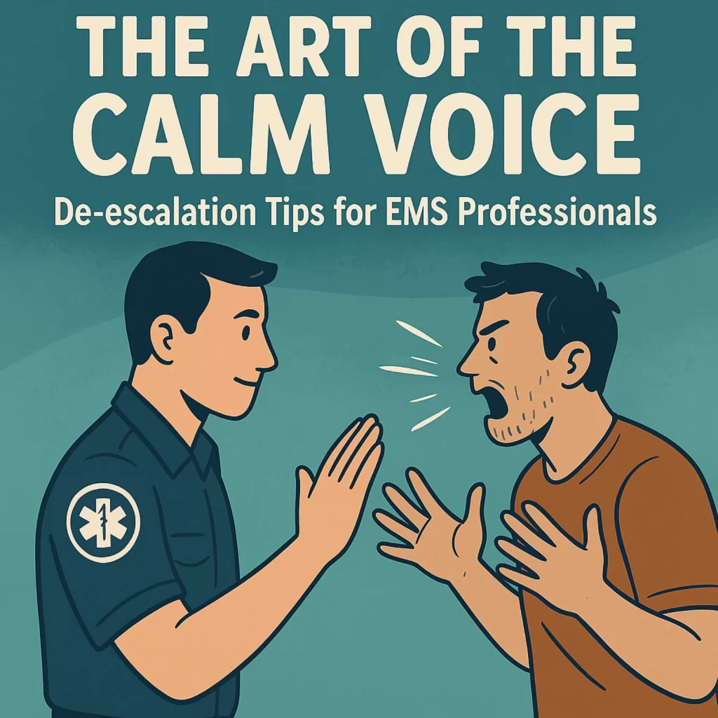 Calm voice de-escalation improves EMS safety, patient cooperation, and team response in high-stress medical emergencies.