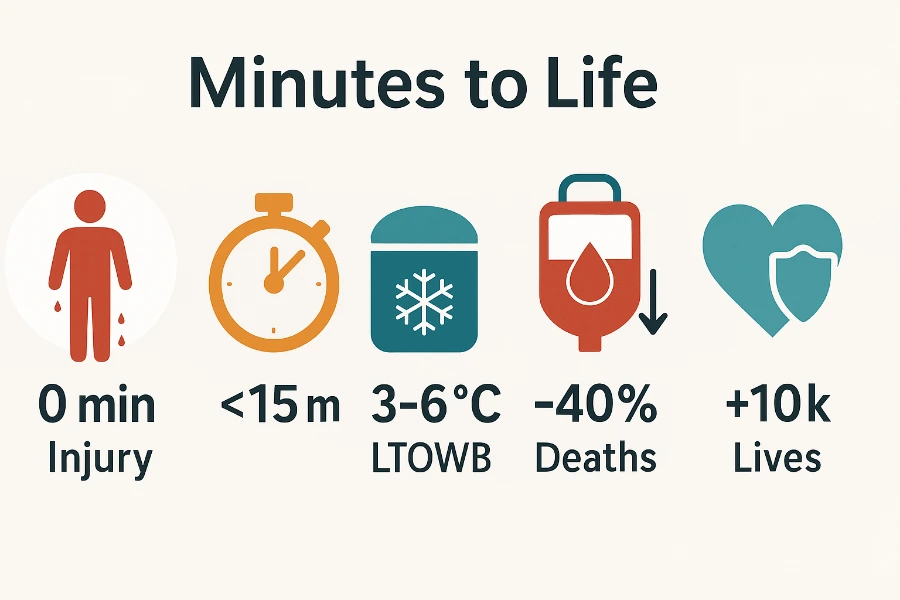 Infographic – Key timing and outcome milestones in prehospital whole-blood programs.