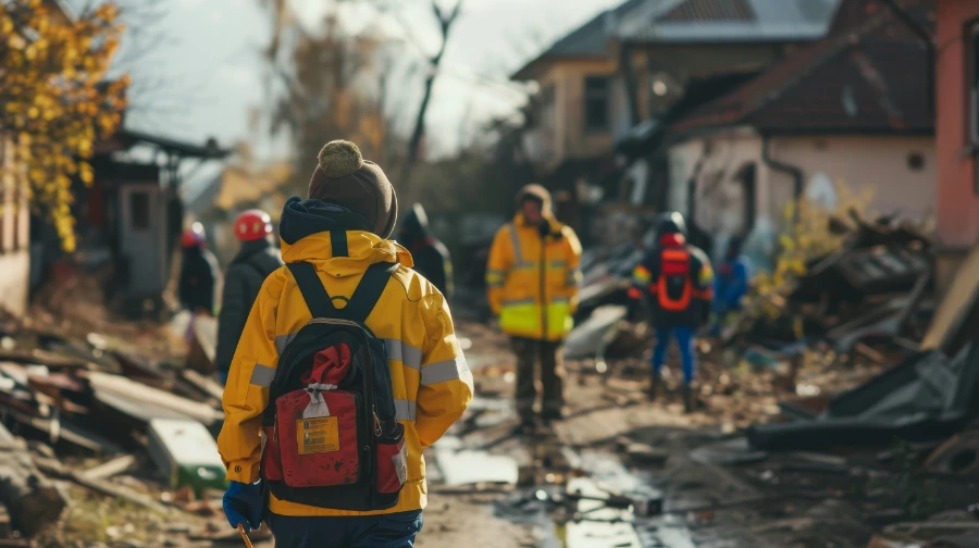 Disaster response team providing aid and relief in the aftermath of a natural disaster