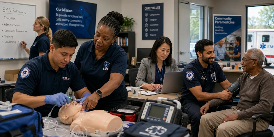 EMS professionals demonstrate training, administration, and community paramedicine career paths.