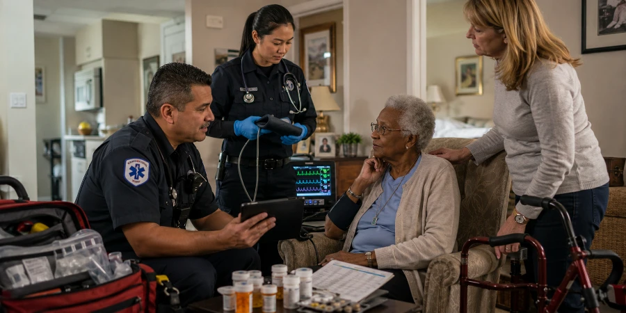 Paramedics assess an elderly patient at home with medications, monitor, and caregiver nearby.