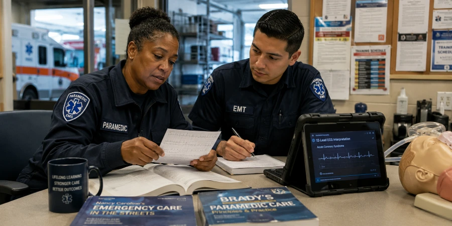Veteran paramedic and younger EMT study ECG interpretation during continuing education.