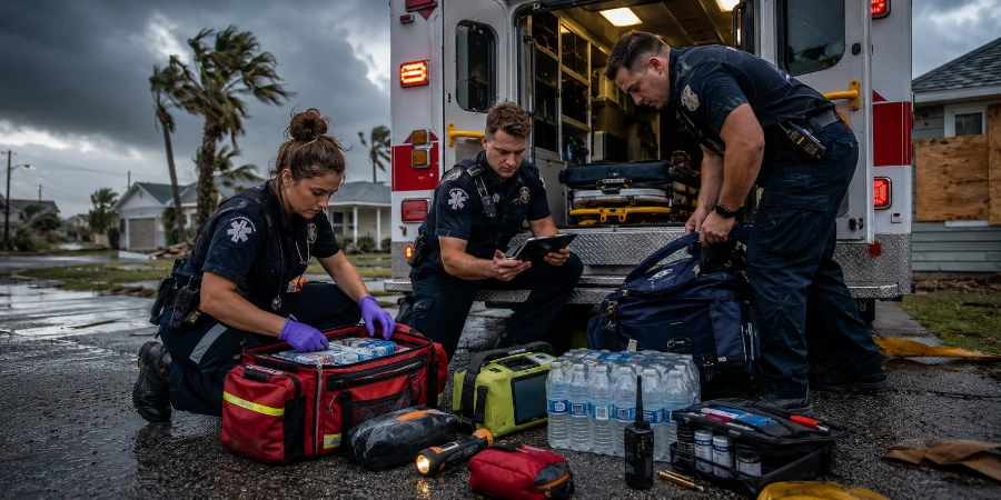 EMS crew prepares ambulance equipment and supplies as hurricane clouds approach a coastal neighborhood.