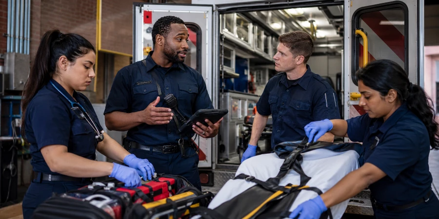 Diverse EMS crew reviews equipment and plans together in an ambulance bay.