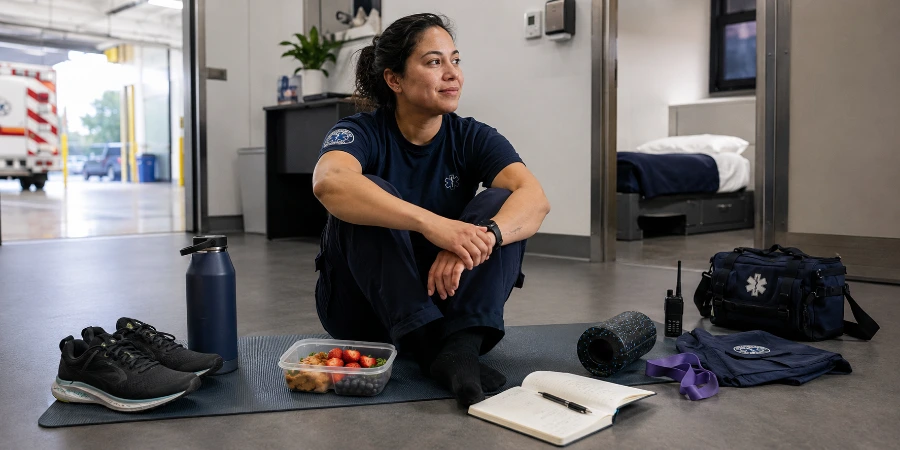 Paramedic rests on a yoga mat with wellness gear after an EMS shift.