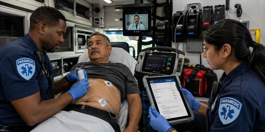 Paramedics use mobile diagnostics, telemedicine, and ePCR technology inside an ambulance.