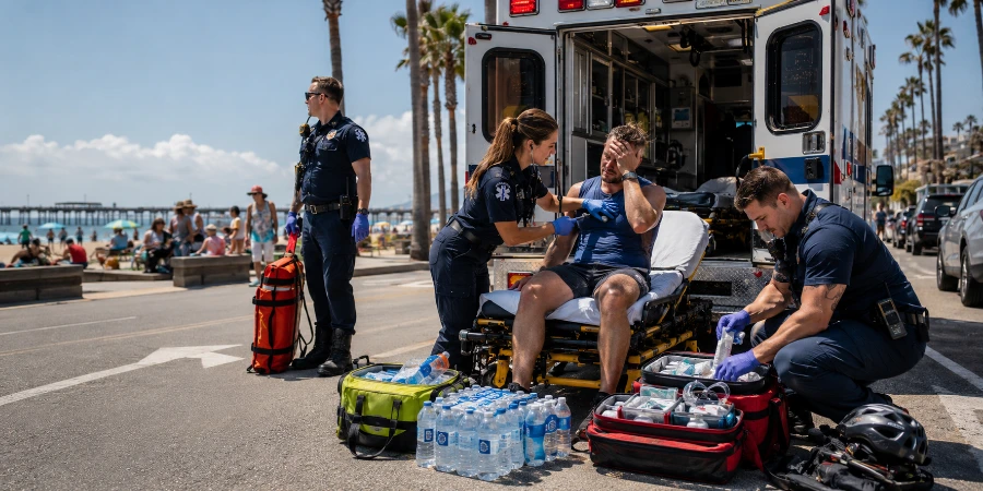 Paramedics treat a heat-exhausted beachgoer near an ambulance during a busy summer day.