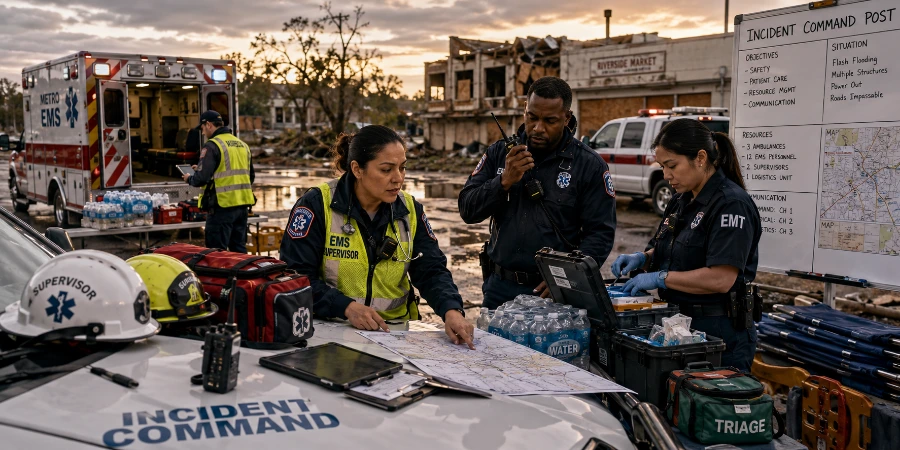 EMS disaster-response team manages resources, maps, radios, and triage supplies after storm damage.