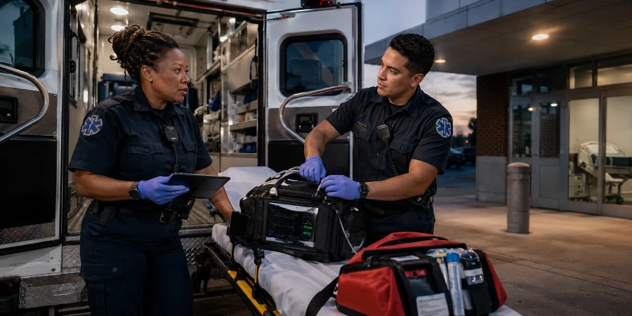 Two EMS partners coordinate patient-care equipment outside a hospital emergency entrance.