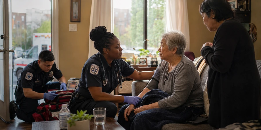 Paramedic reassures an elderly patient during a calm home EMS assessment.