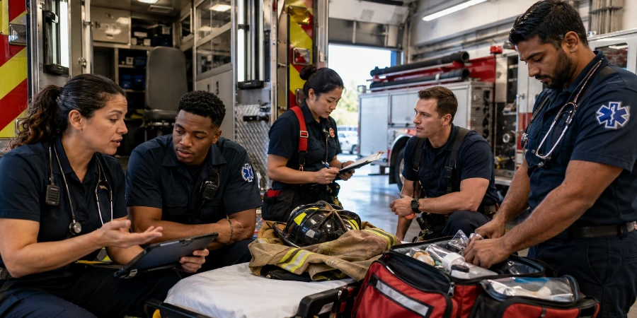 Firefighters and EMTs discuss training, equipment, and career growth inside a station bay.